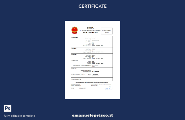 Modello Word e PDF del certificato di nascita cinese in stile verificato